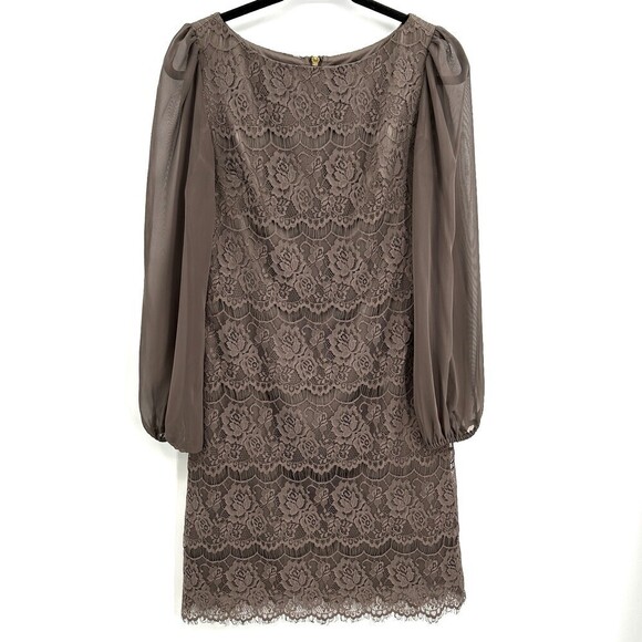ELIZA J Stone Gray Sheer Long Sleeve Lace Cocktail Mini Dress Size 6 - Picture 3 of 8